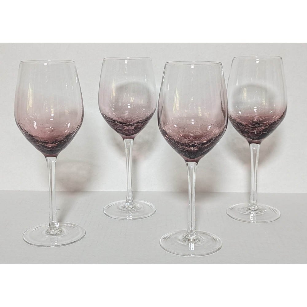 Discontinued Pier 1 Hand Blown Amethyst Crackle Glass Balloon Style Goblets (4)